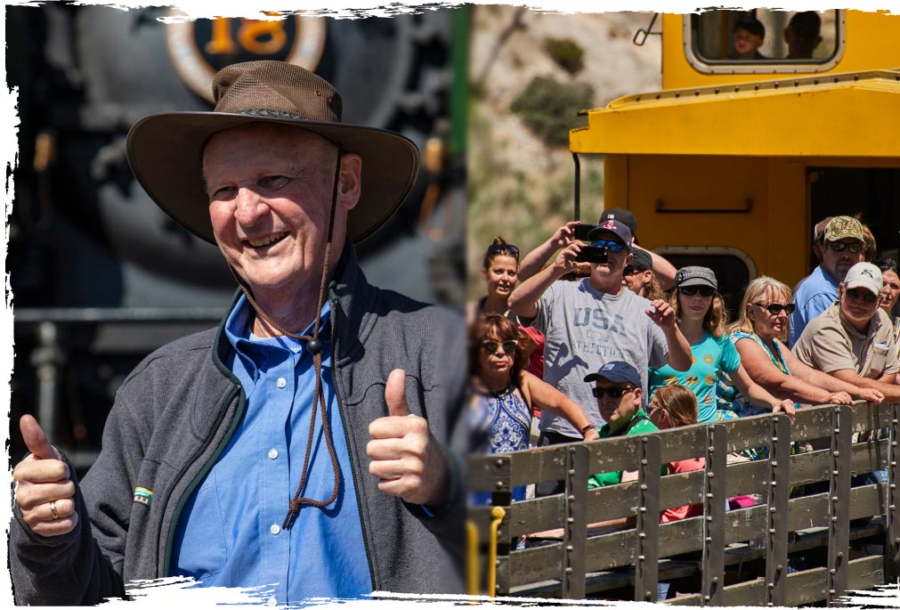 Photo of an elderly man giving the thumbs up and a group of people on a train tour